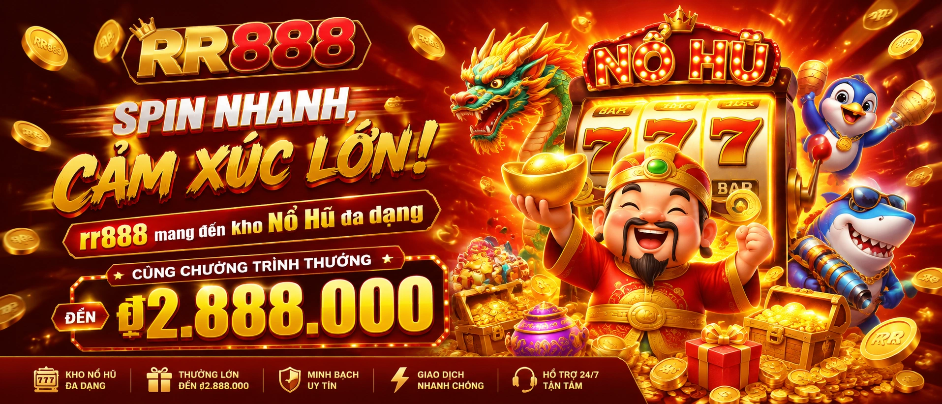 Khu Nổ Hũ RR888 với giao diện game nổi bật trên nền tối