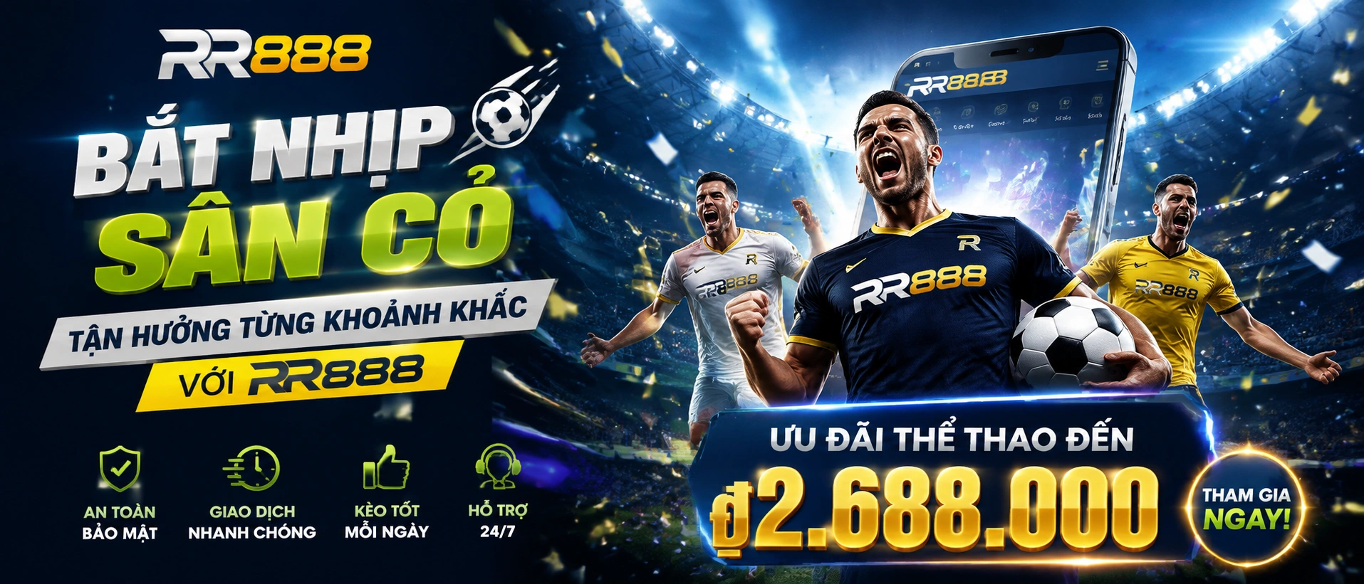 Không gian thể thao RR888 với nội dung bóng đá, bóng rổ, tennis và esports